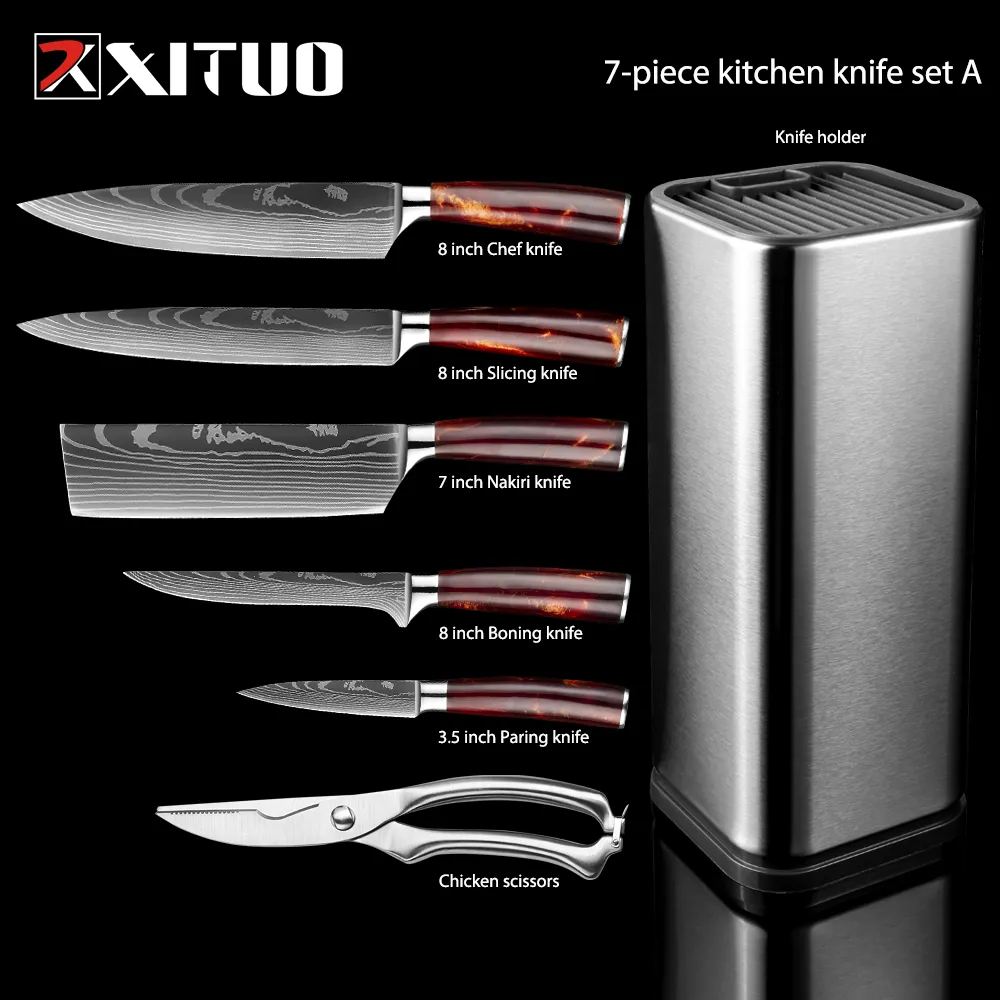 XITUO Kök Knivar Set 6-8 st Set Red Harts Handle Laser Eamascus Pattern Chef Lnife Brödkleaver Slicing Knives Gift275p