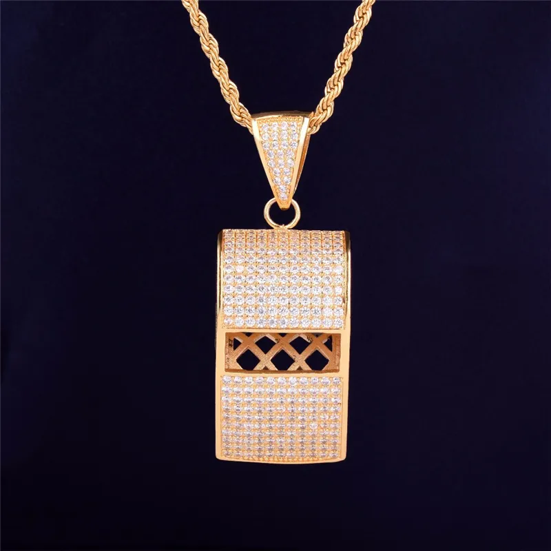 Gold Plated Iced Out Bling CZ Whistle Pendant Necklace with 24inch Rope Chain for Men Women Nice Gift263V