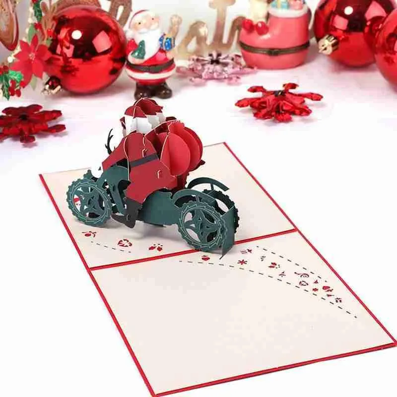 Wenskaarten Kerst Driedimensionale Kaart Kerstman Motorfiets Handgemaakt 3d Maatwerk Carving Papier A R L2J9261g
