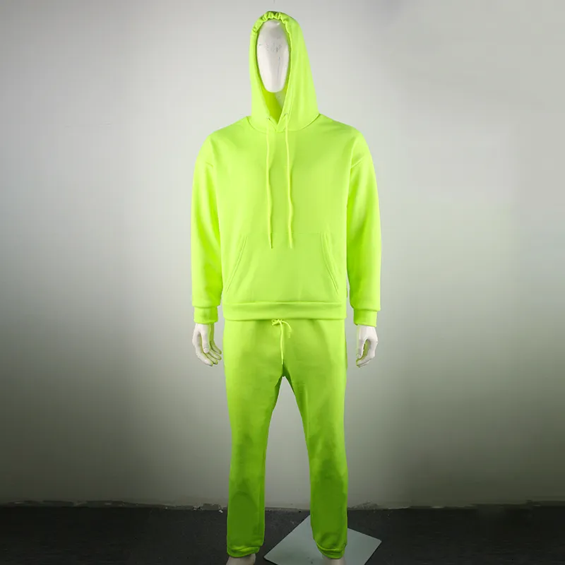 Omsj mode neon stil mens sätter fluorescens grön hooded sweatshirt + sweatpants två stycken höst vinter casual tracksuit 210517