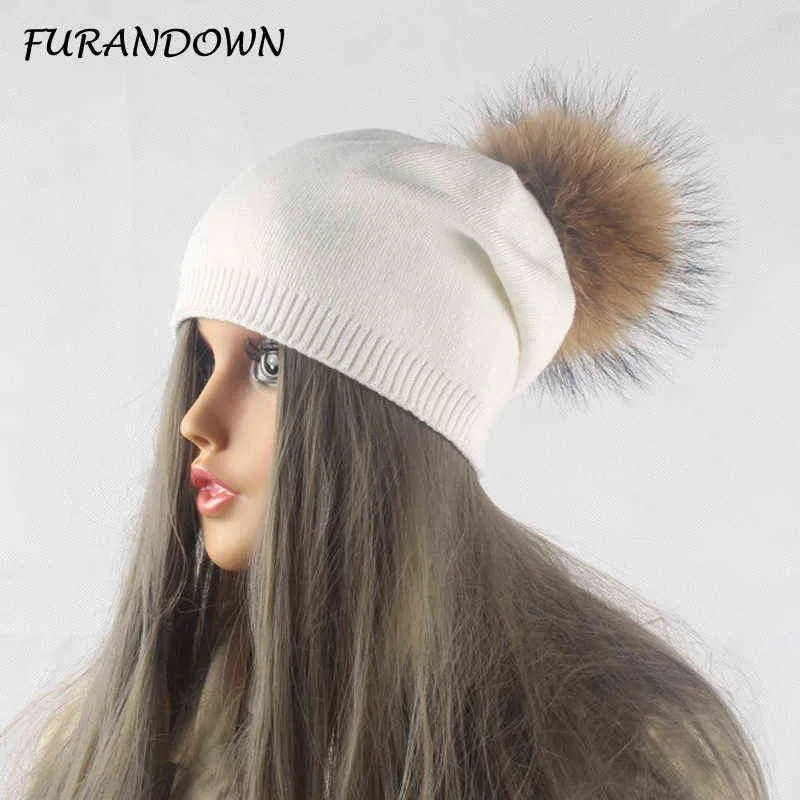 Outono inverno pompom gorro feminino malha lã crânios gorros casual feminino boné real pele de guaxinim chapéus 220112307j