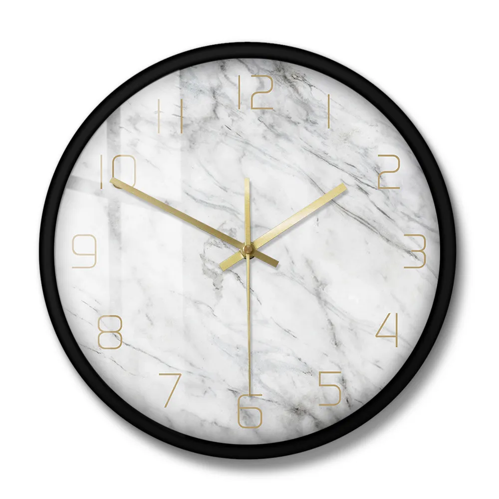 Quartz analoge rustige marmeren wandklok 3d chique witte marmeren print moderne ronde muur horloge Noordse creativiteit Home Decor Fashion LJ206334303