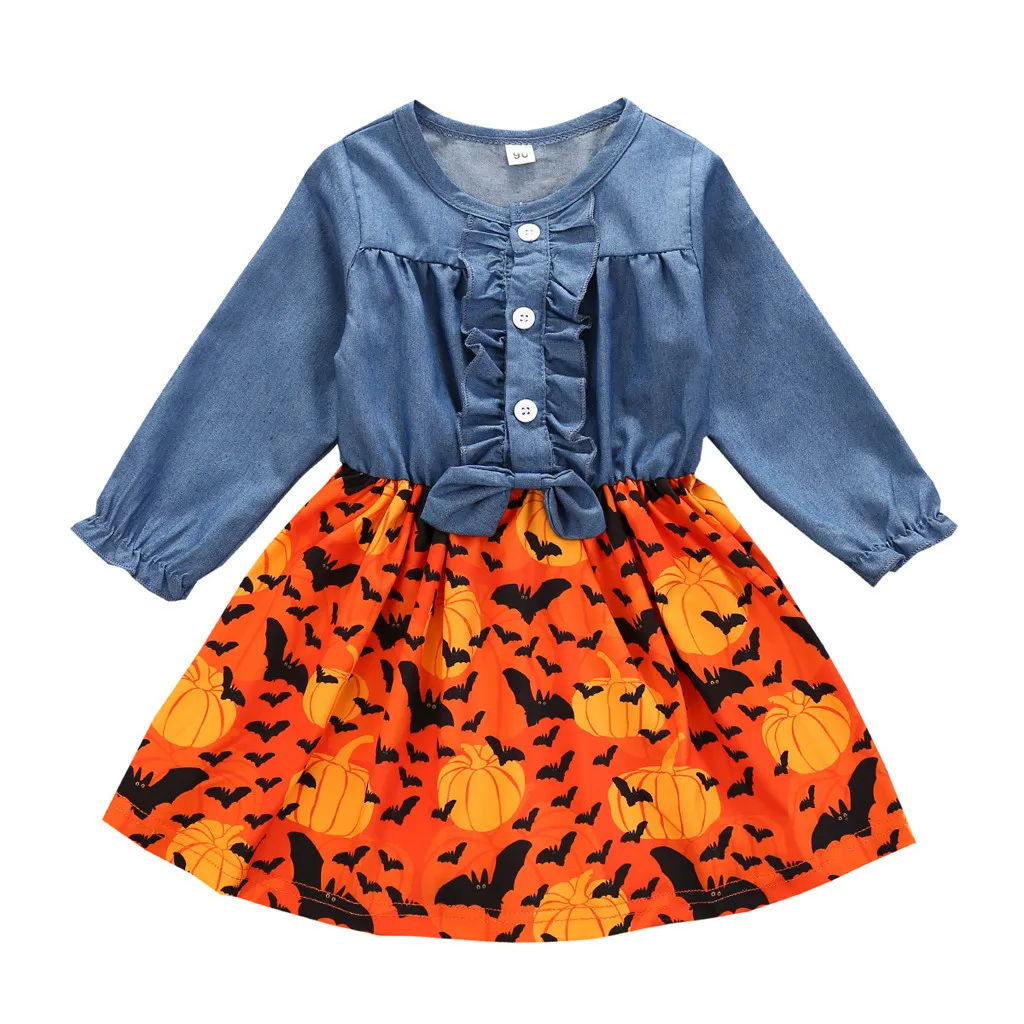 2020 Kleinkind Kinder Kinder Kleid Kleid Langarm Halloween Cartoon Denim Patchwork Outfits lässige Kleider Mädchen Kleidung Vestidos LJ201684547