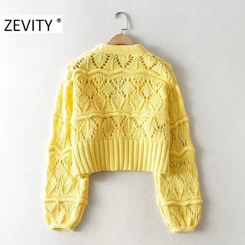 Zevity Women Fashion v Neck Pearl Button Cardigan knitting Sweater Lady Long Sleeve Hollow Hollow Out Sweater Tops S396 201225