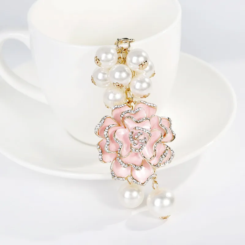 New trendy fashion ins luxury designer pretty camellia flower mutli pearls tassel bag charms keychains for women girls343z