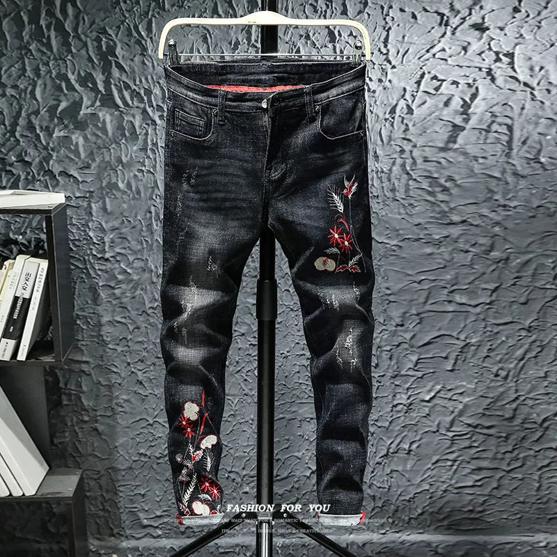 2020 autunno uomo uccello ricamo floreale colletto rovesciato giacche di jeans neri + pantaloni jeans tuta da uomo casual set da 2 pezzi LJ201125