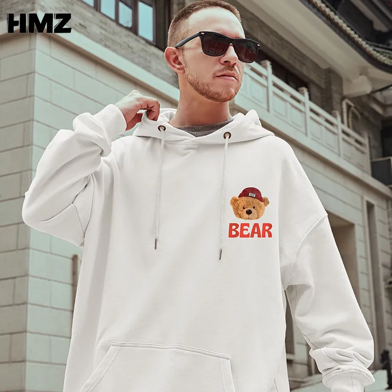 HMZ Hip Hop Streetwear Sweatshirt Hoodie Men Bear Letter Print Pullover Autumn Harajuku Cotton Casual Hooded 220215