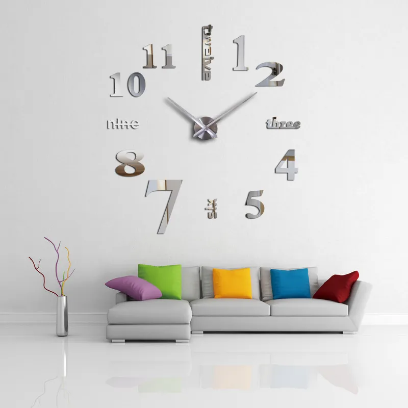 Design moderne 3D horloge murale bricolage miroir stickers muraux horloges numéro 7 canapé-lit fond acrylique décoration de la maison montre à quartz 201118