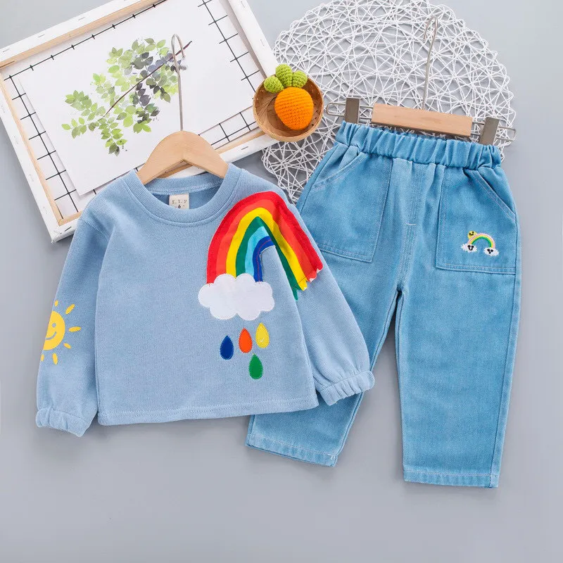 Малышская одежда для мальчика Коттон девочки радужная радужная джинса костюм повседневной ловень