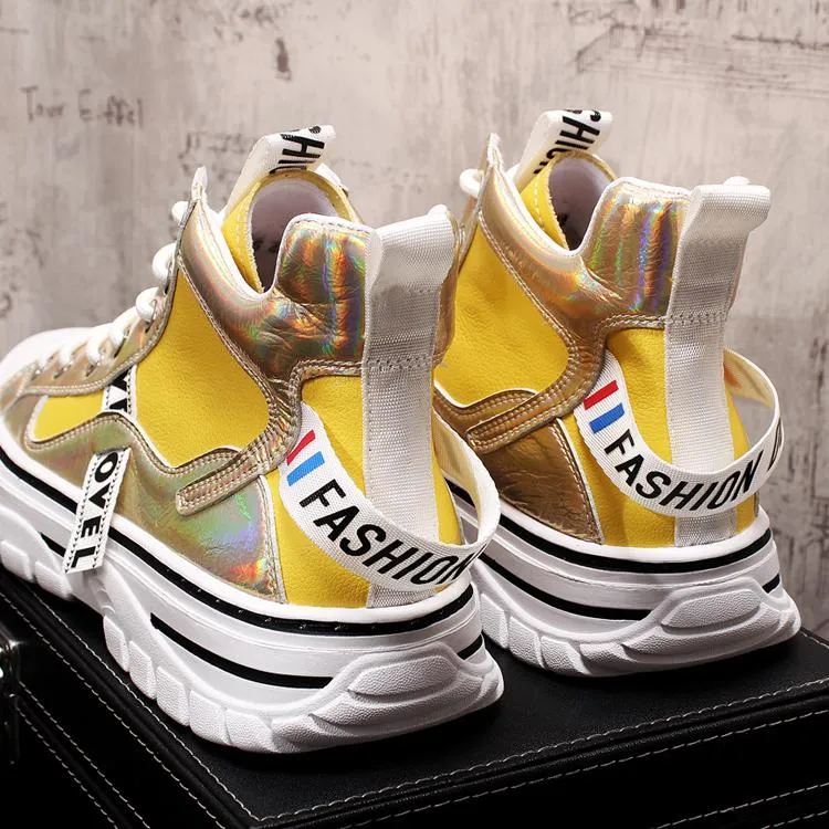 Diseñador de lujo Zapatos de boda de negocios dorados Punta redonda Zapatillas de deporte casuales Celebridad web Pisos casuales Tops altos Mocasines vulcanizados para caminar al aire libre