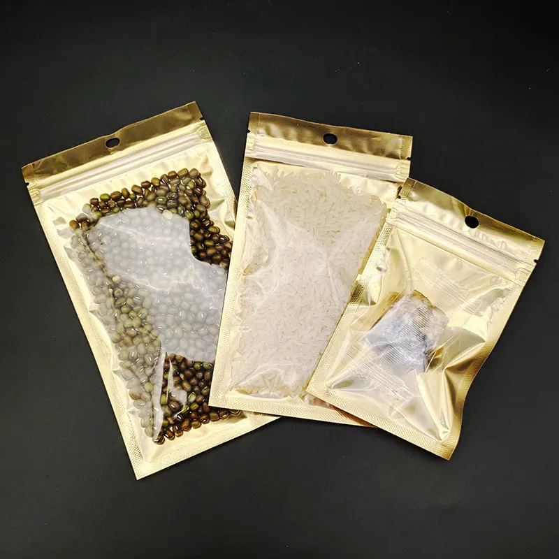 Kleine Grote Maten Goud Gouden Self Seal Zakken Doorzichtige voorkant voor Zip Hersluitbare Plastic Retail Verpakking Zakken Rits Lock Mylar Bag Pakket Pouch