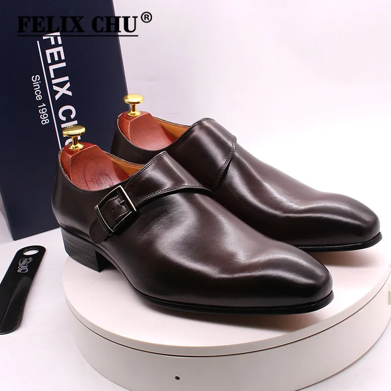 Size 13 Brand Designer Men Dress Shoe Classic Genuine Leather Buckle Monk Strap Men's Brown Black Office Party Formal Mens Shoes 220315