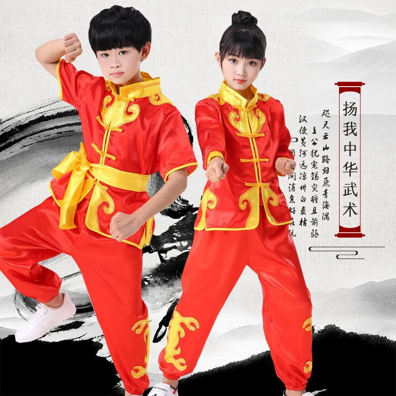 Nuova cultura cinese tradizionale Abbigliamento scenico Costume della mascotte Taglia bambini Vestito Wushu Kung FuTai Chi Uniforme Prestazioni di arti marziali Clot7555556