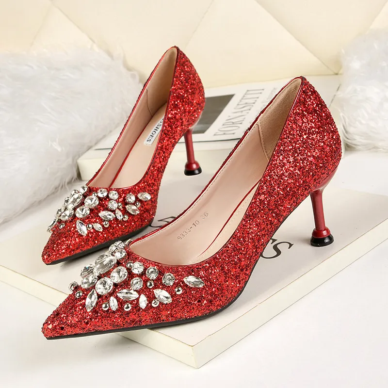 Sequin Bridal Wedding Shoes 2021 Celebrity Gala Oscar Wear Wear Shoes High High 6 5cm Gold Red Silver Prom Hoco Cocktail Bride 1921