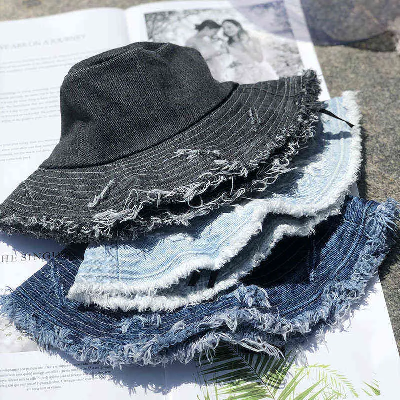 Maxsiti U Vintage Denim Bucket Hat Women Washed Cotton Fisherman Hat Tassel Big Brim Fashion Basin Hat 211227294r