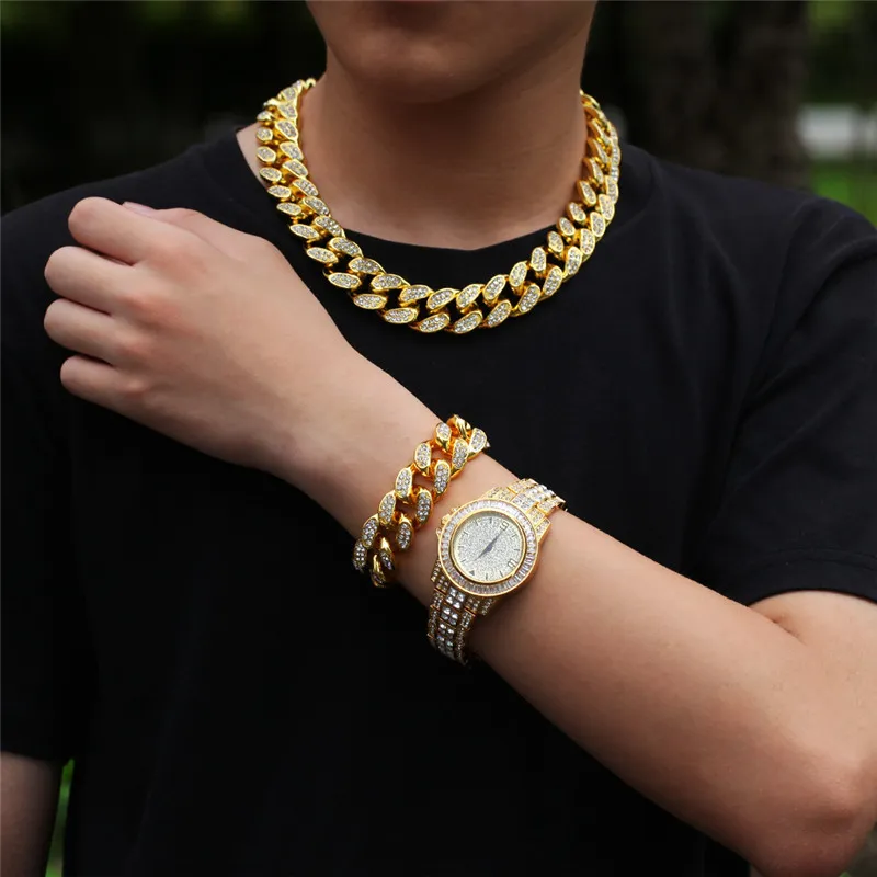3 pçs conjunto masculino hip hop gelado para fora bling corrente colar pulseiras relógio 20mm largura correntes cubanas colares hiphop charme jóias presentes261k