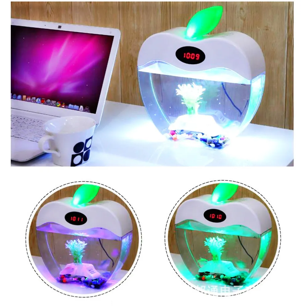 Aquarium USB Mini Aquarium med LED-nattljus LCD-skärm och klocka Fish Tank Personifiera Aquarium Tank Fish Bowl D20 Y200917