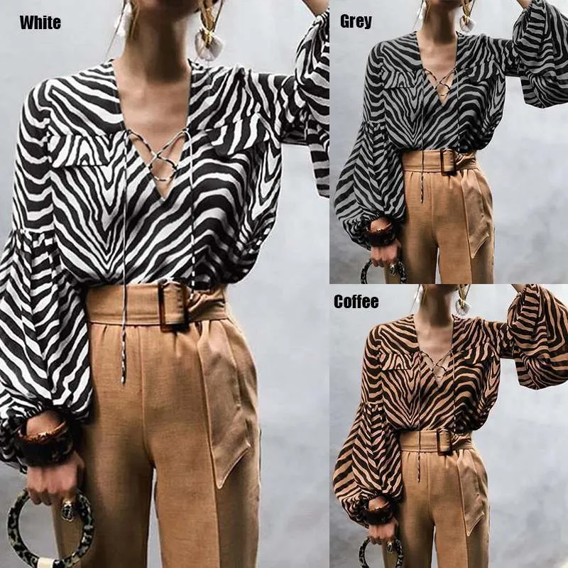 Kadınlar Bluz Celmia 2019 Sonbahar Seksi Vneck Gömlekleri Günlük Uzun Kollu Dantel Yukarı Zebra Çizgi İş Üstleri Artı Boyut Blusas Feminas T200321