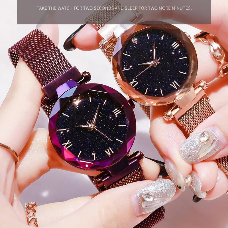 여성용 시계 럭셔리 시계 여성 자동 시계 손목 시간 별이 빛나는 스카이 다이아몬드 금속 스트랩 선물 201204232Q
