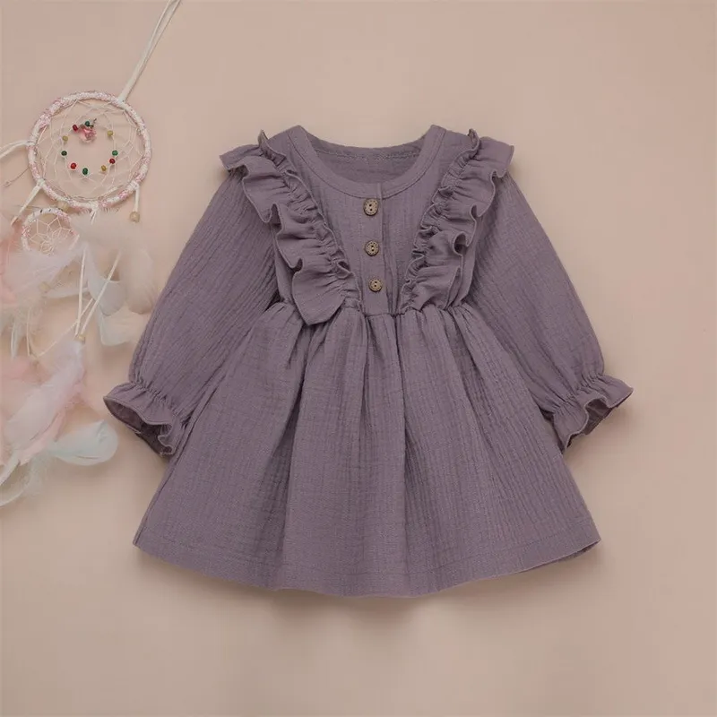 Enfant en bas âge enfants bébé fille automne robe volants à manches longues solide coton lin fête tenue décontractée vêtements 1- LJ200923