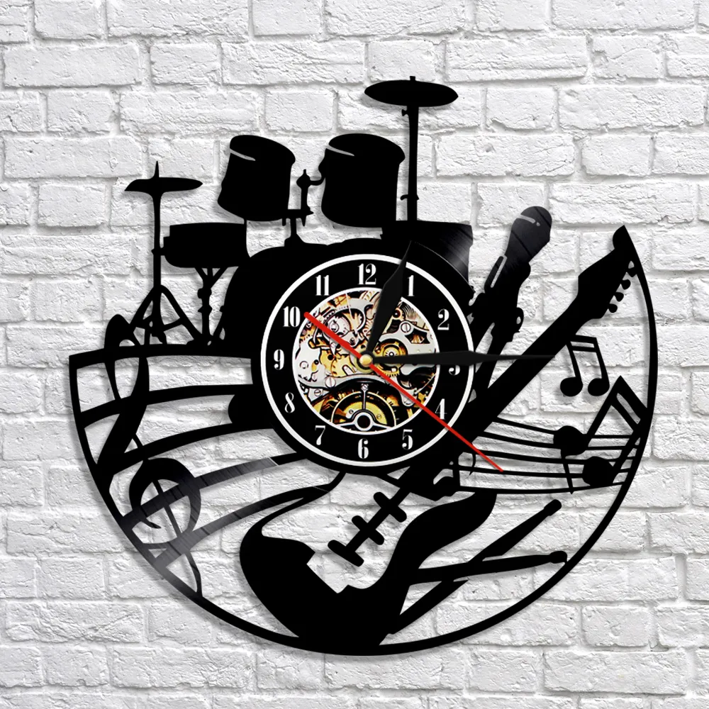 Chitarra e drum kits wall clock chitarrista music record orologio rock strumento di chitarra wall art rock n rock regalo 2011187339476