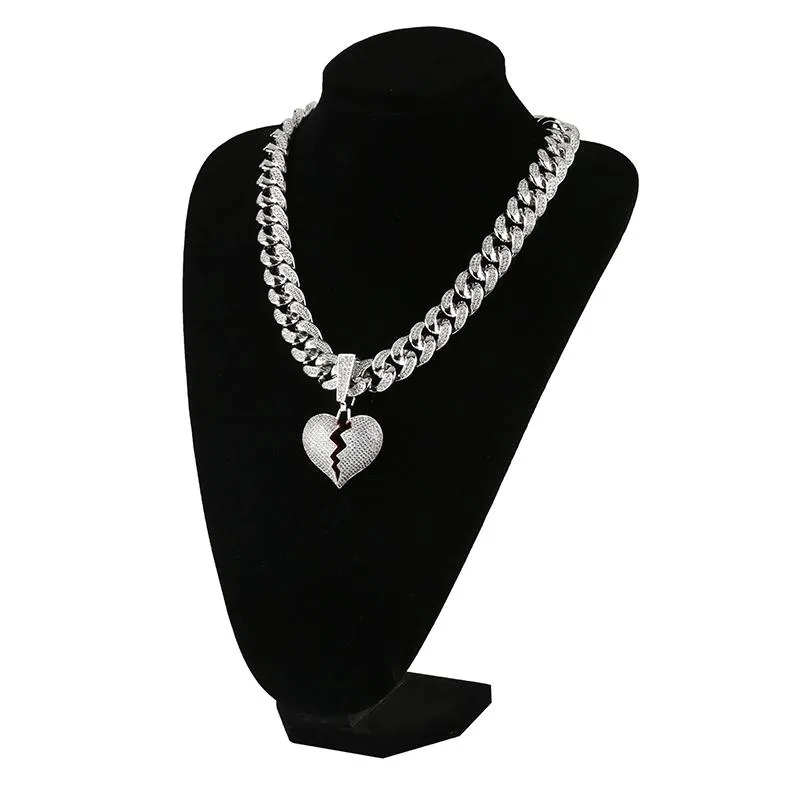 Iced Out Heart Necklace Pendant med 14 mm bredd Big Cuban Chain Gold Silver Color Cubic Zircon Men's Women Hip Hop Jewelry12322