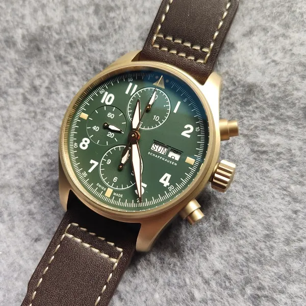 41mm real bronze case automatic 7750 chronograph pilot men watch sapphire crystal waterproof wristwatch genuine Leather Strap date2924