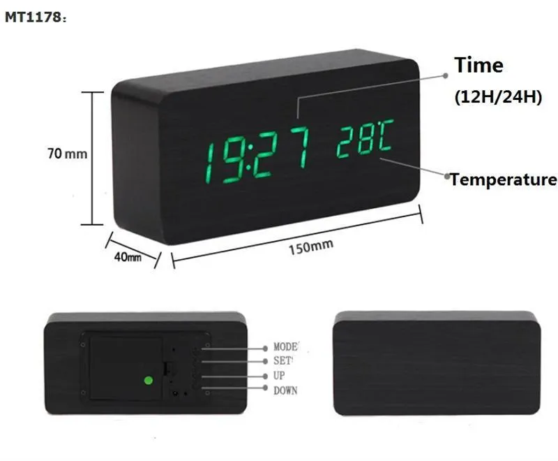 LED Réveil en bois Montre Table Thermomètre numérique Bois Despertador Bureau électronique USB / AAA Powered Horloges Table Decor 201120