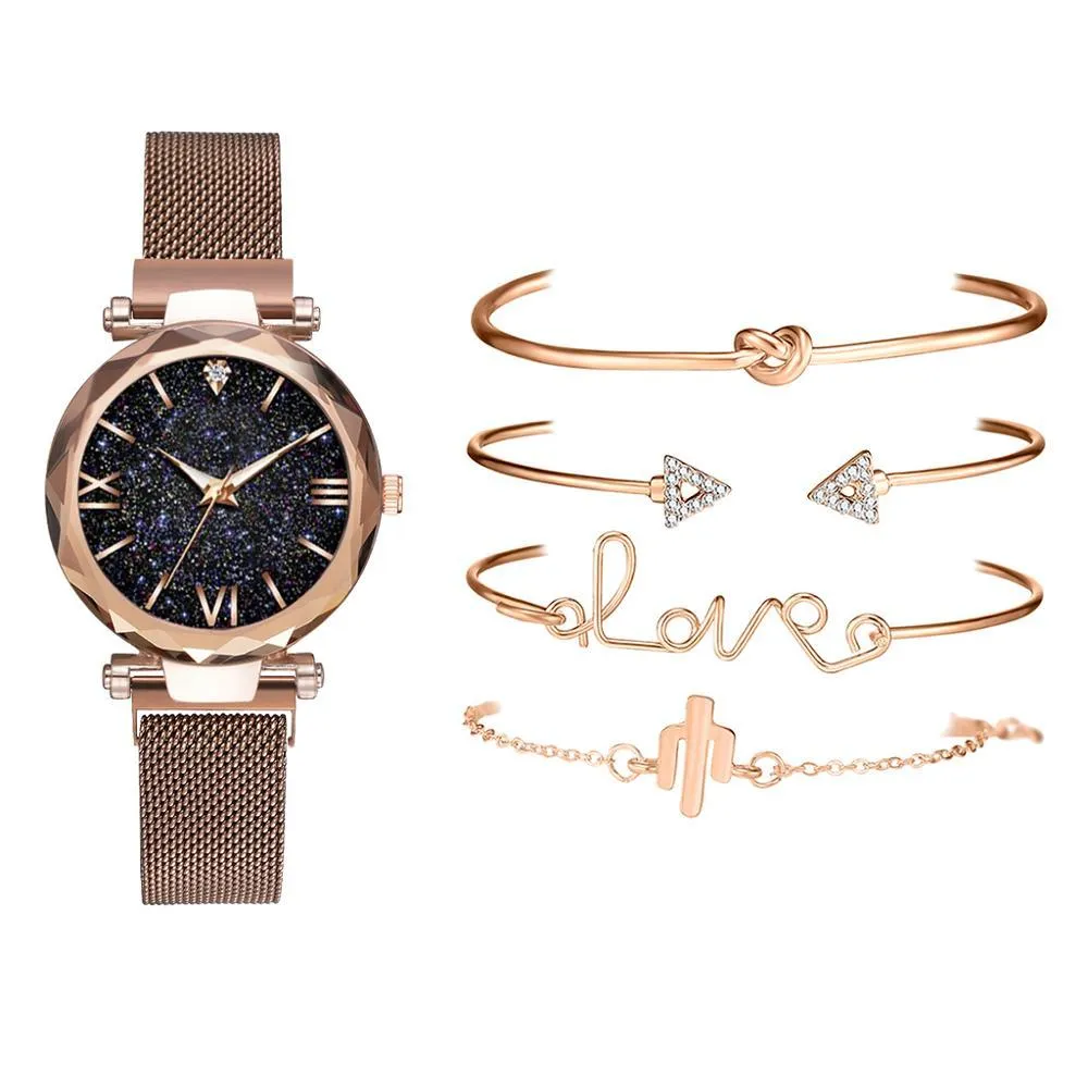 Mode Armband Horloges Dames 5 Stuks Set Luxe Rose Goud Dame Horloges Sterrenhemel Magneet Gesp Gift Horloge voor Vrouwelijke 2012042363