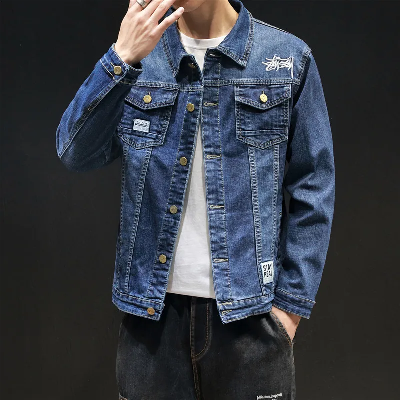 Alta qualità casual e semplice Uomo Slim ricamo blu nero Giacca di jeans in cotone Jeans Hip Hop Giacche Cappotto Plus Szie 5XL 201123