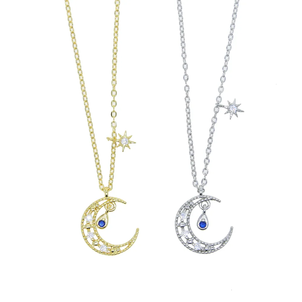 Mode fille femmes bijoux 5A blanc bleu CZ pavé lune étoile charme minimal délicat beau petit pendentif fille collier 8383689