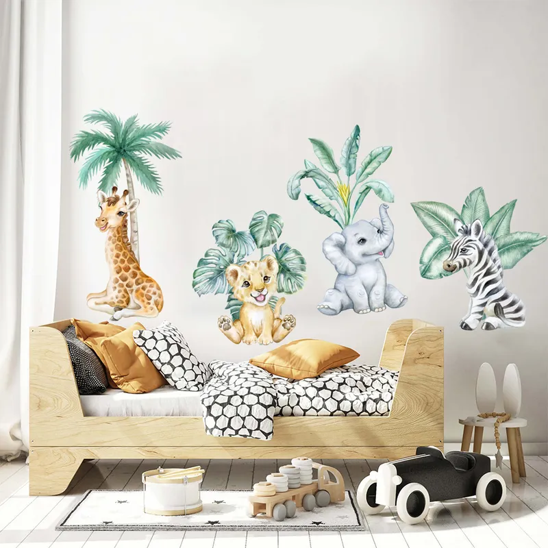 Dessin animé animaux africains Lion feuilles tropicales aquarelle pépinière autocollant mural peler et coller décalcomanies enfants chambre décor à la maison 220217