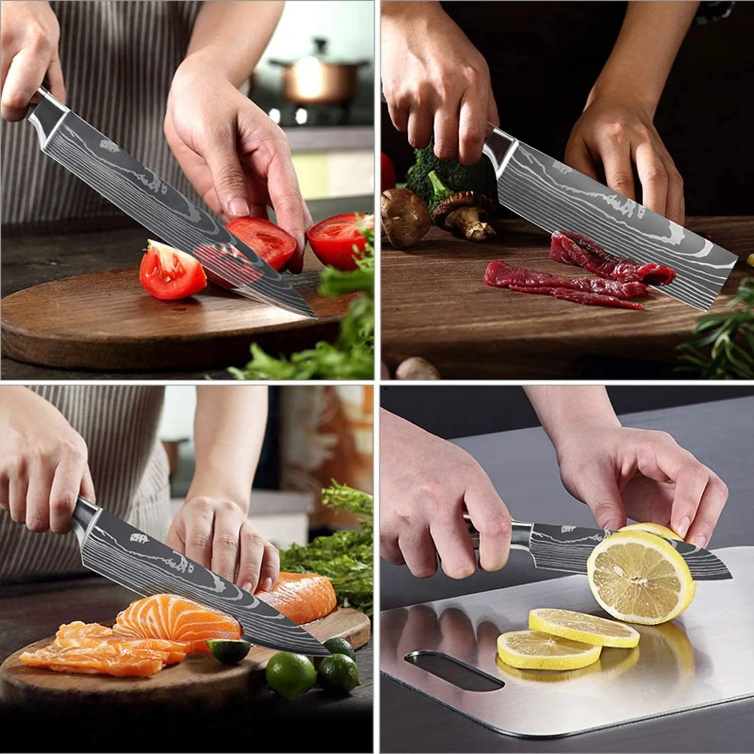 Juego de cuchillo de cocina 10 piezas Chef Knife Professional Japonés 7CR17 Láser de acero inoxidable Damasco Damasco Santo Santoku Blue Resin H9026395