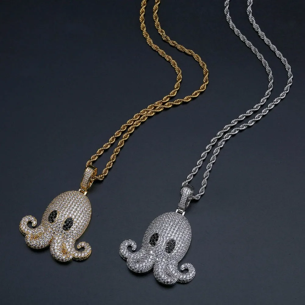 Micro Pave Zirkon Tier Iced Out Octopus Anhänger Halskette mit Seil Kette Männer Frauen Hip Hop Schmuck2838