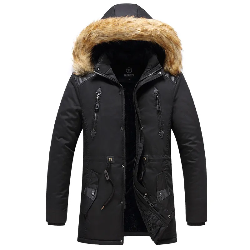 Зимняя куртка мужчин Long Parkas Толстая пальто теплый открытый куртка мужчина мех капюшон с ветропроницаемым зимним крылом