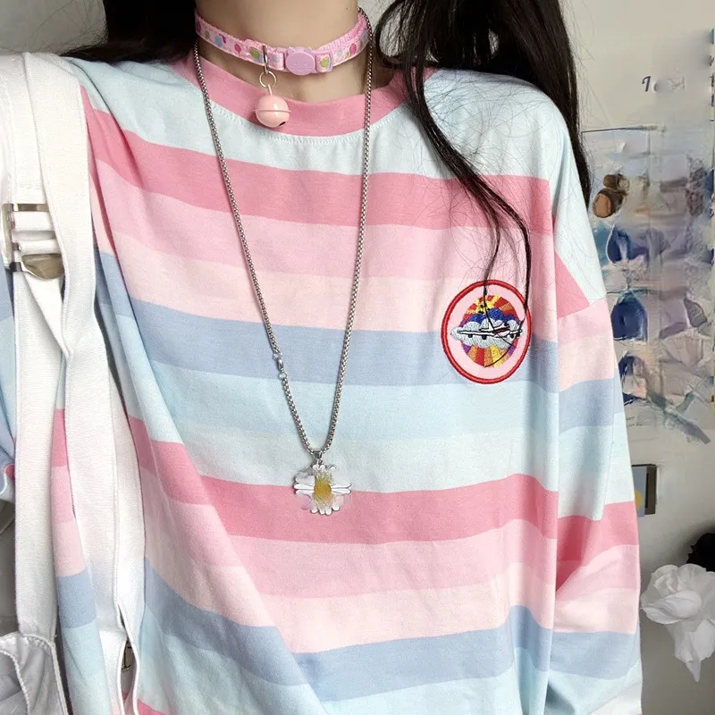 harajuku Long Sleeve T Shirt girl Christmas Topspring autumn embroidery stripe Tops Tee full T-shirt Casual Female 220312