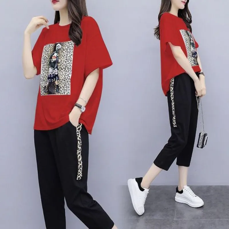 Summer Women s Black Oversize Tracksuits Casual Pantsuit Set Short Sleeve Tops Fashion Sportswear Calf Length Pants Size LJ201117