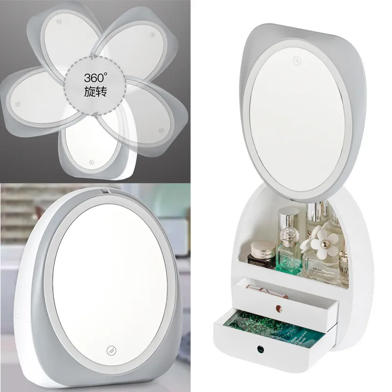 Organizador de mesa com luz led, espelho hd, organizador de maquiagem, tipo gaveta, caixa criativa de armazenamento de cosméticos, portátil, caixa de beleza z11233062