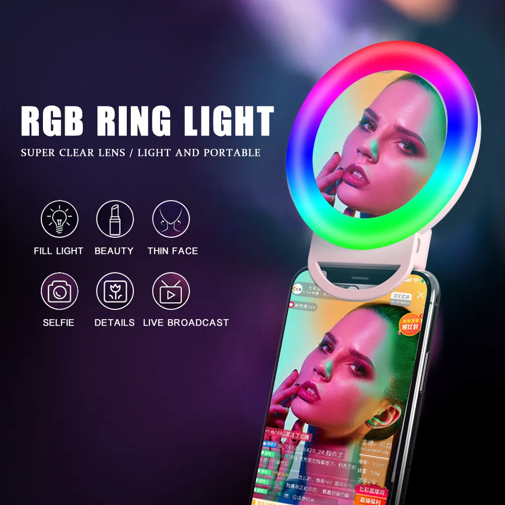 RGB Selfie LED Светодиодный кольцо заполнить Light Circle Mini Mobile Phore Light Clip на смартфоне.