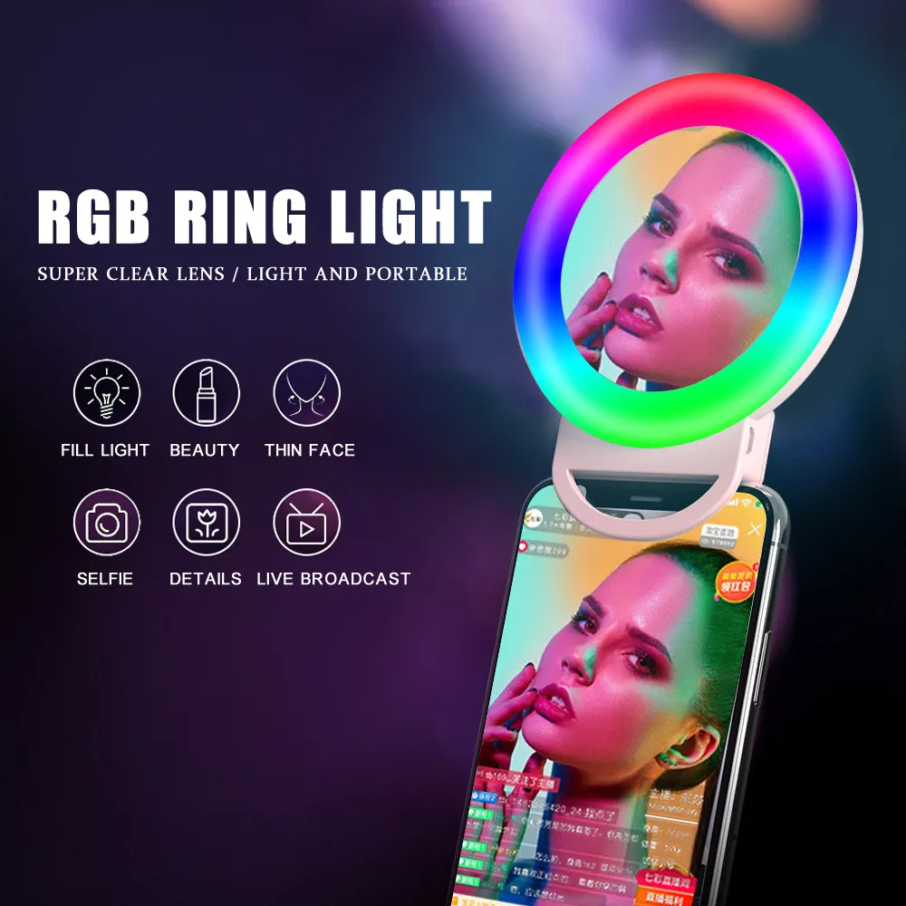 RGB Selfie LED リングフィルライトサークルミニ携帯電話ライトランプスマートフォンにクリップ充電式クリップオン化粧鏡
