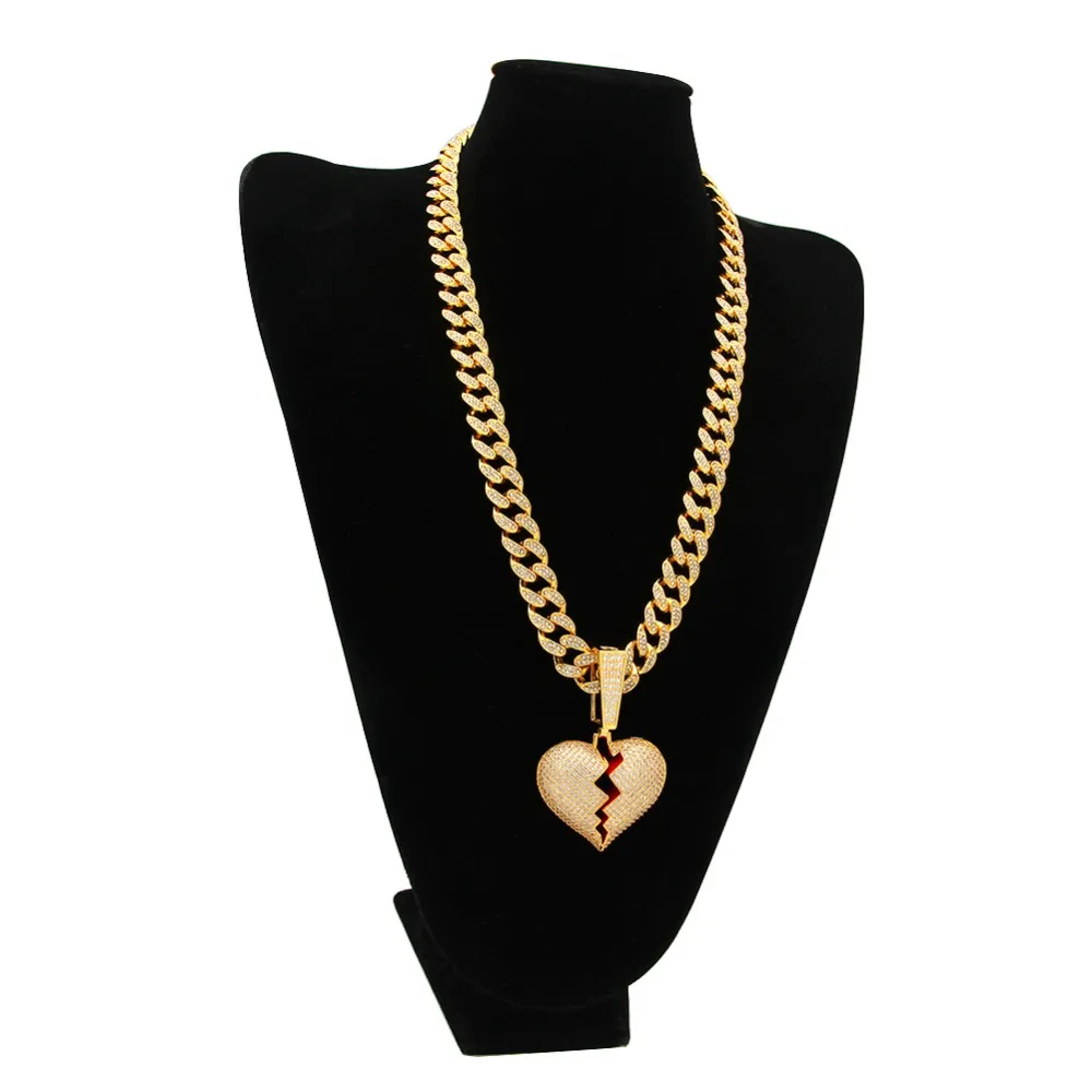 Hip Hop Jewelry Designer Necklace Iced Out Pendant Cuban Link Chain Gold Diamond Break Heart Pendants Luxury Bling Charm Rapper Me273u