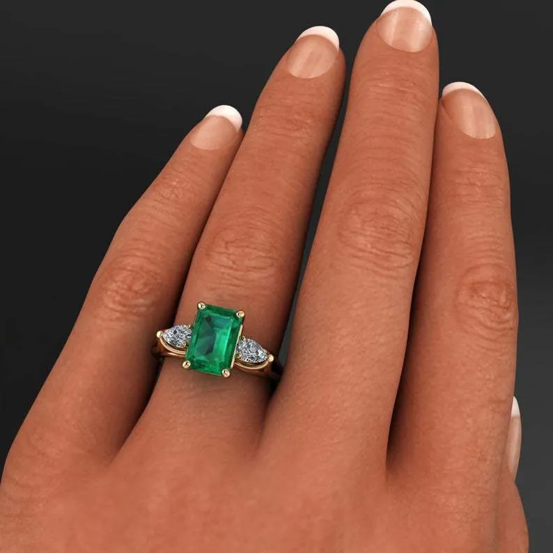 14K Guldsmycken Green Emerald Ring for Women Bague Diamant Bizuteria Anillos de Pure Emerald Gemstone 14K Gold Ring for Women Y1119