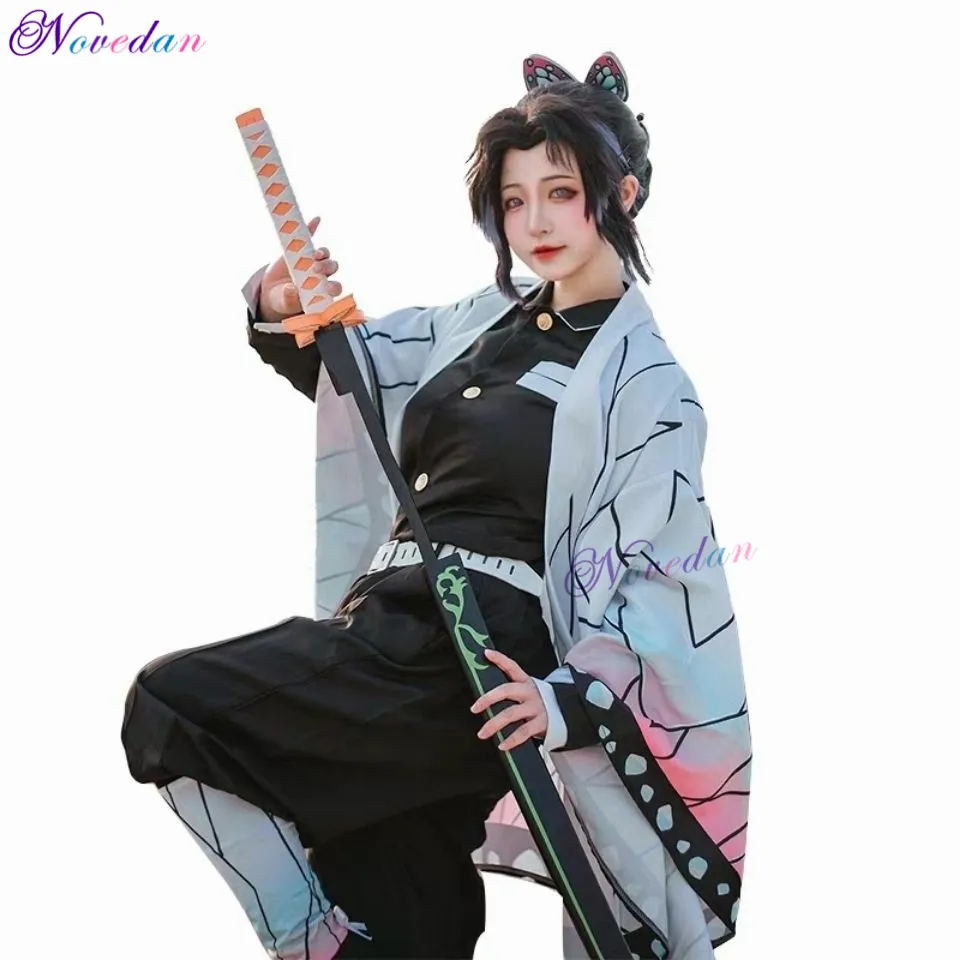 Anime Demon Slayer Kimetsu no Yaiba Kochou Shinobu Cosplay Costume da donna Kimono Uniforme Halloween Christmas Party Costume Parrucca LJ200930