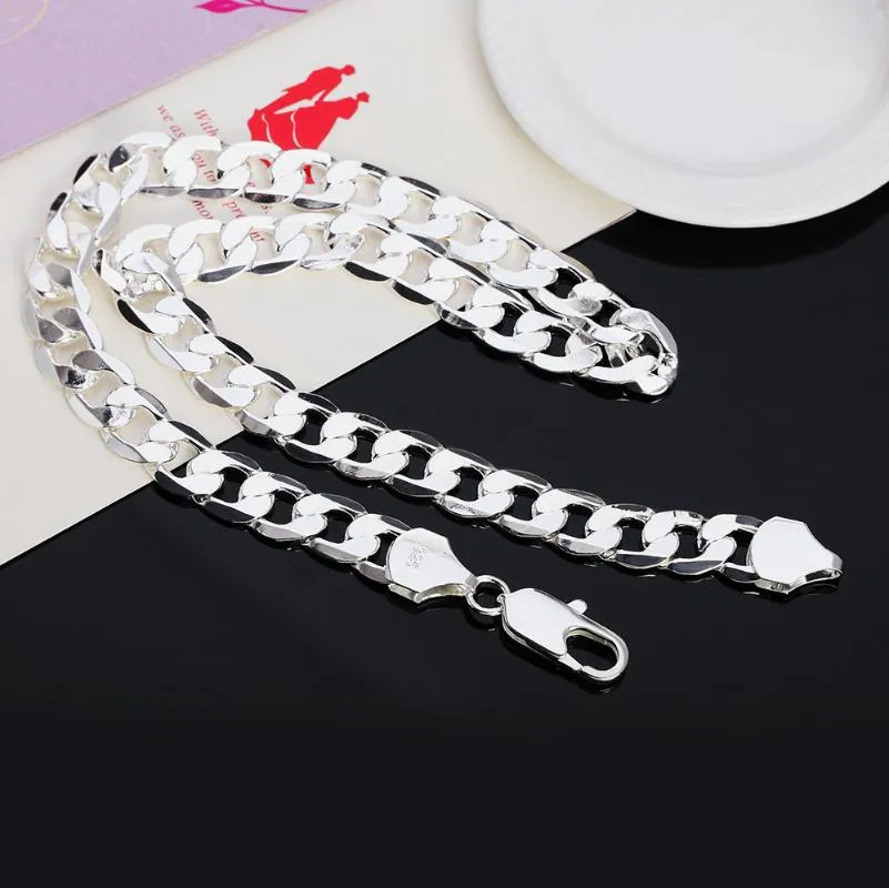 12mm 18-30 tum längd Mens Silver Color Halsband Curb Cuban Link Chain Punk Fashion Jewelry Gift259n