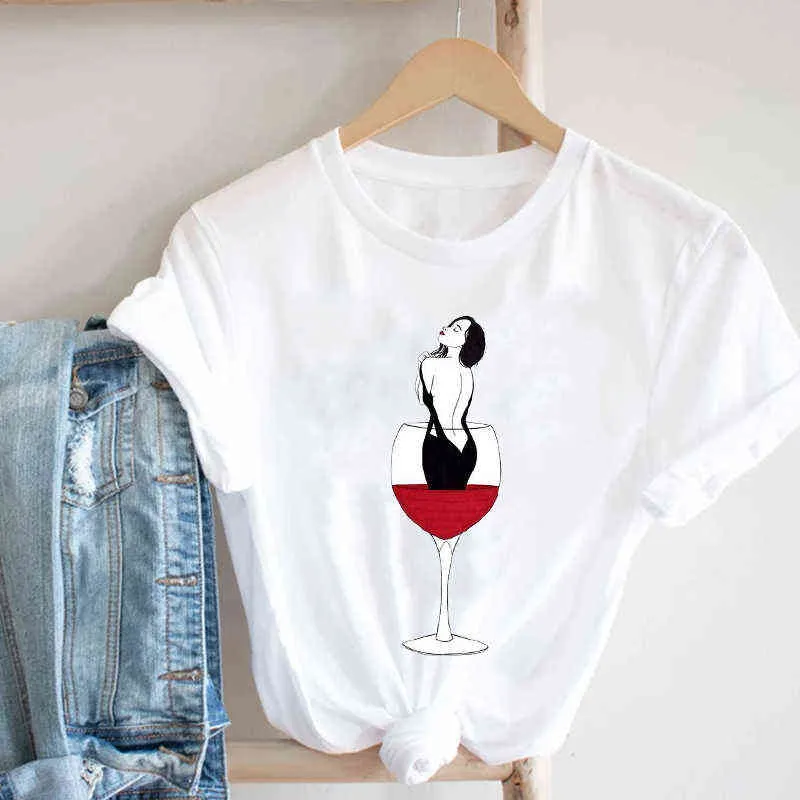 女性の印刷服ワインの女性半袖カジュアル90S漫画ファッション服プリントティートップTシャツ女性グラフィックTシャツG220310