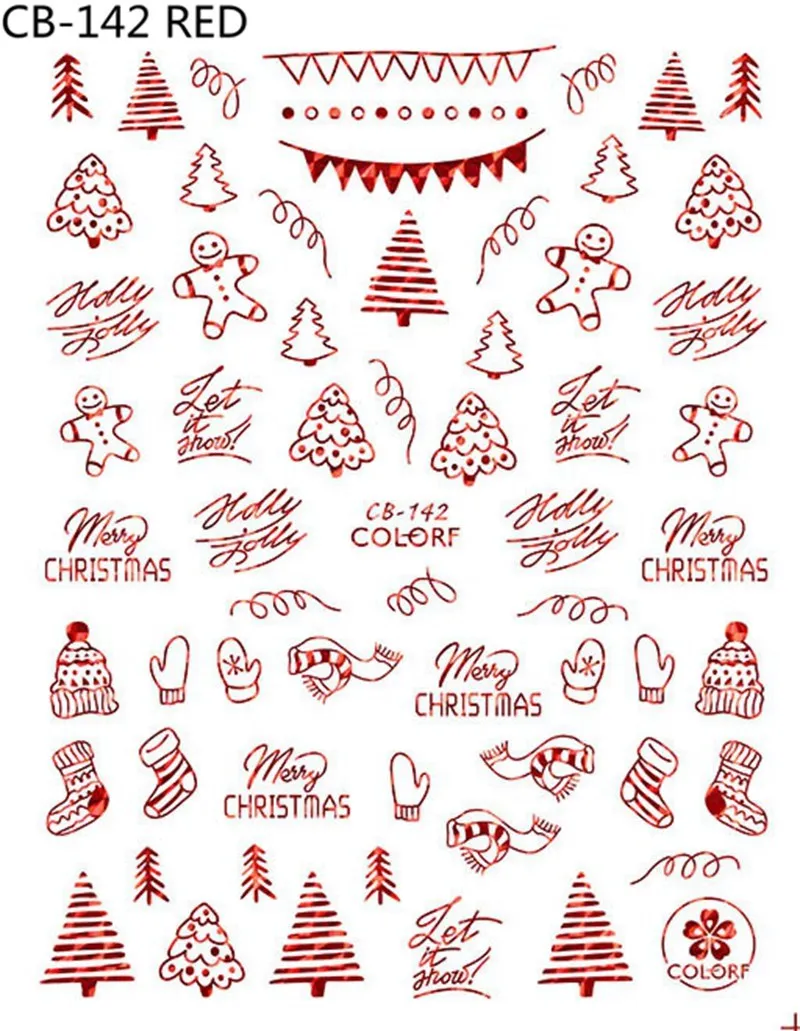 Adesivi nail art natalizi Oro argento Colore rosso Fiocco di neve Pupazzo di neve Albero di Natale Decalcomanie unghie di Santa Hollow Decorazioni manicure