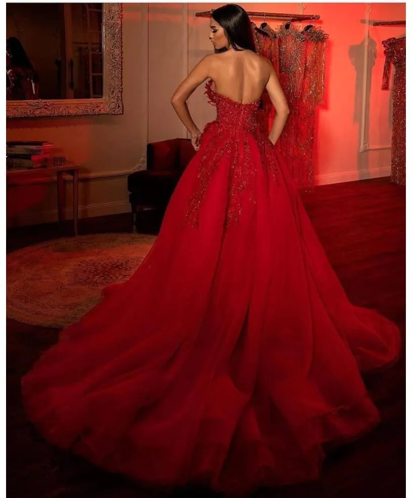 2022 Röd arabiska aso ebi spetsar stilfulla lyxiga balklänningar pärlstav kristaller sexig kväll formell parti andra mottagnings klänningar 3235