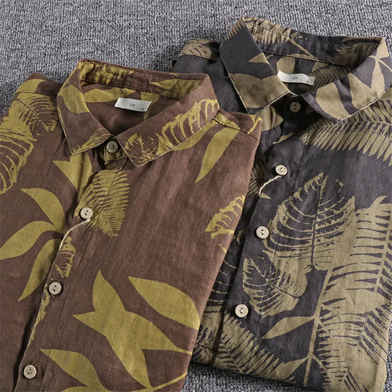 Japanese Harajuku 100% Linen Leaves Print Vintage Three Quarter Sleeve Button Up Shirt for Men Plus Size C1212