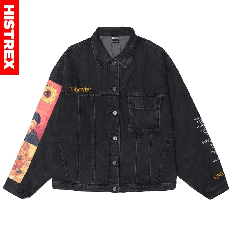 Hip Hop Uomini Giubbotti di jeans Streetwear Vincent Van Gogh Ricamo Denim Jean Bomber Cappotto Vintage Harajuku Allentato Blu Nero 201028