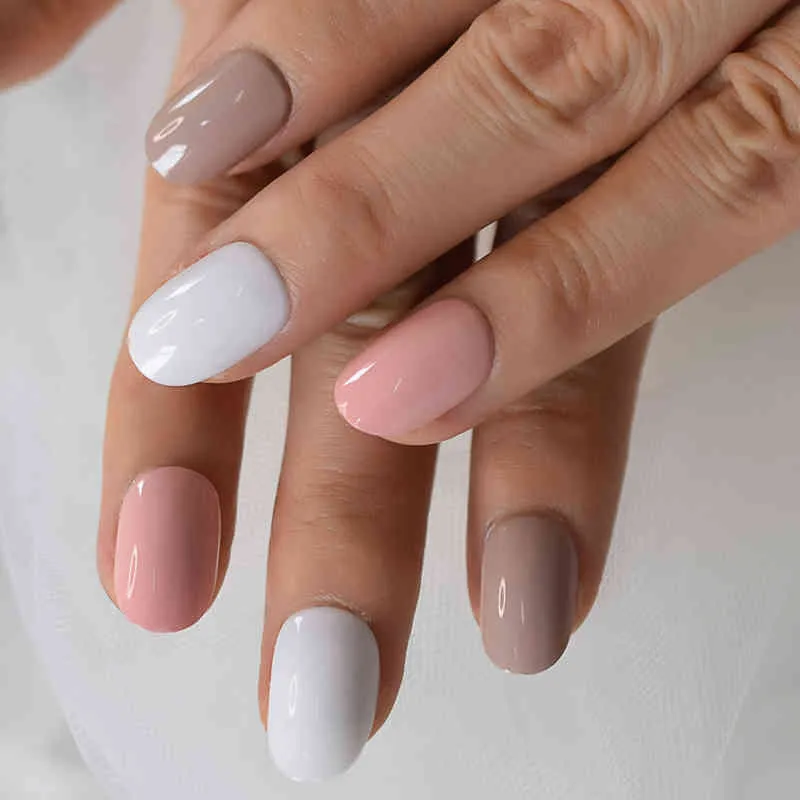 Valse nagels ronde nep spijkers volledige cover kunstmatige witte roze pers op kaki korte valse nagel kunst tips designer 220225